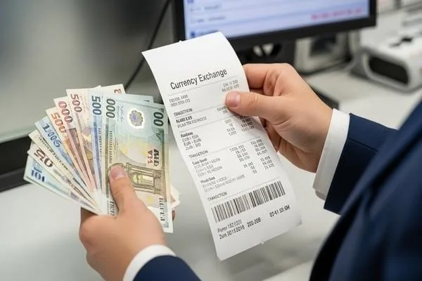 Receipt verifying transaction details and currency amounts
