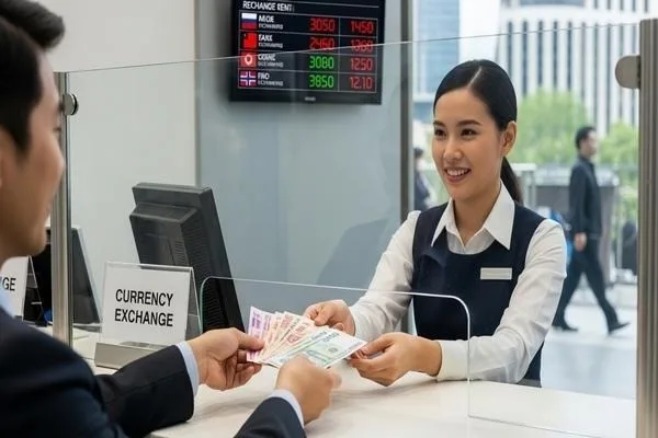 Transacción de cambio de divisas eficiente en la ventanilla de servicio.