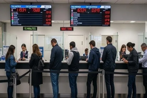 Clientes esperando en las ventanillas de servicio de cambio de divisas.