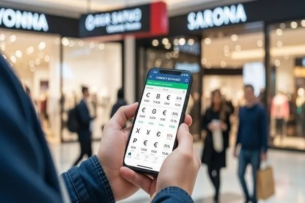 Traveler checking currency exchange rates before shopping
