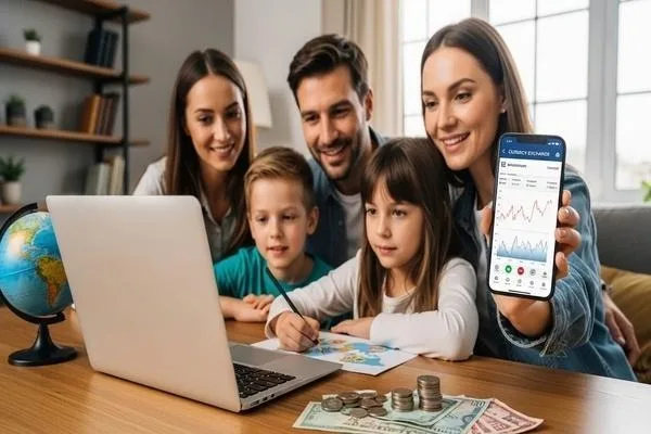 Familia que utiliza el cambio de divisas para apoyar a sus familiares en el extranjero.
