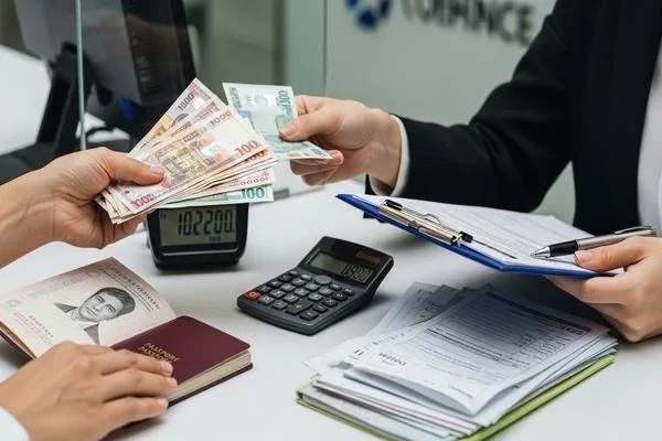 Customer confirming documents during currency exchange transaction