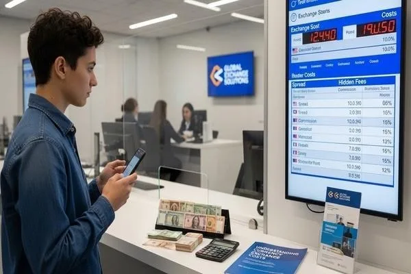 Cliente revisando el desglose de las comisiones de cambio de divisas. 
