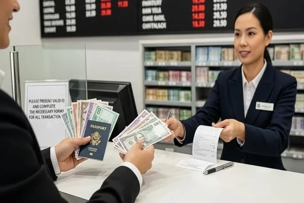 Customer submitting passport and cash for smooth currency exchange