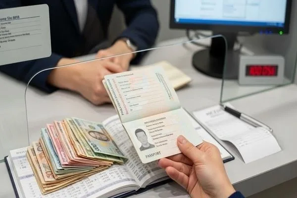Cliente presentando pasaporte para verificación de identidad.