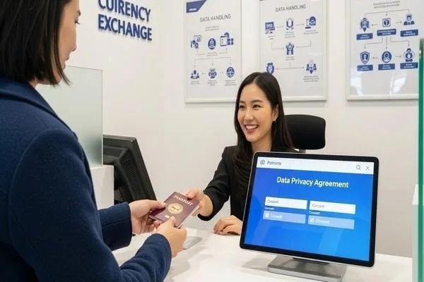 Customer presenting passport for currency exchange verification
