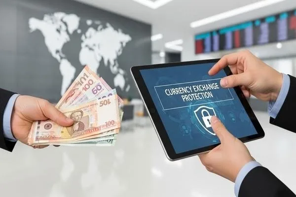 Secure currency exchange counter with data protection screen
