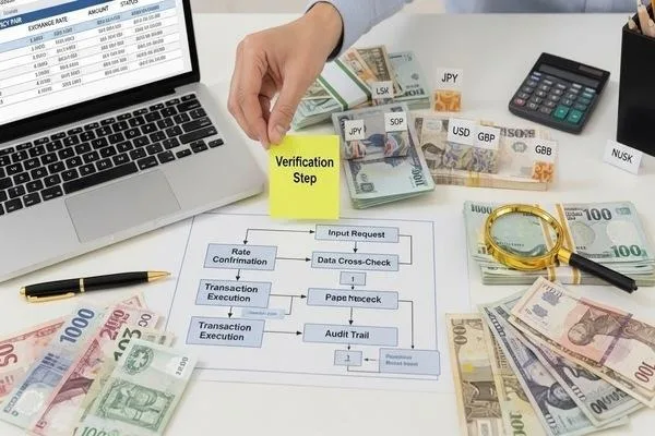 Pasos estructurados utilizados para verificar la exactitud de la moneda extranjera.