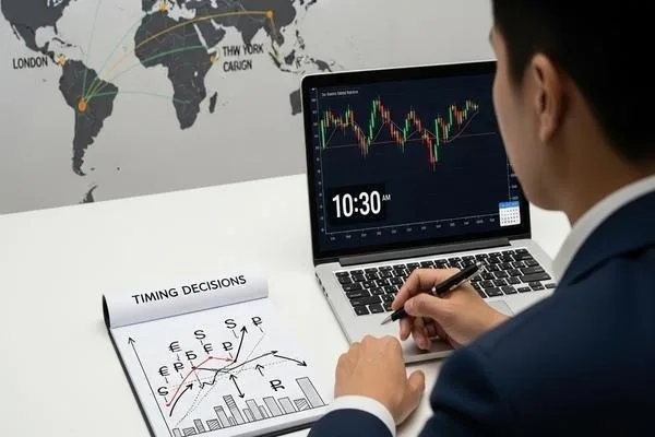 Profesional analizando gráficos de tipos de cambio para cronometrar el cambio de moneda