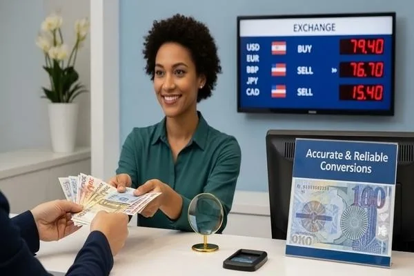 Customer receiving accurate currency exchange service conversion transaction