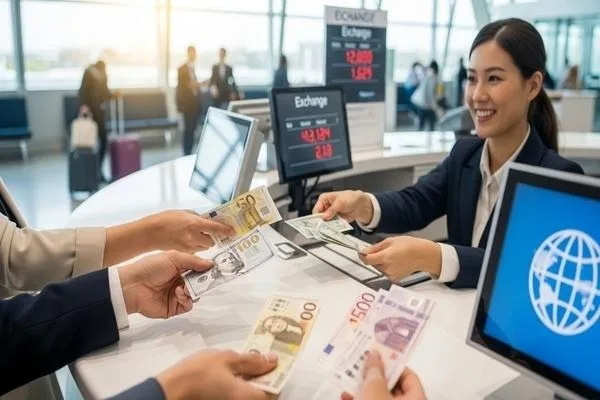 Customers accessing currency exchange services for international transactions