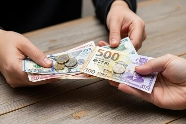 Hands exchanging foreign cash for everyday transactions
