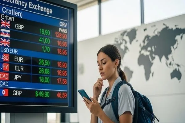 Traveler reviewing currency exchange rates on mobile app