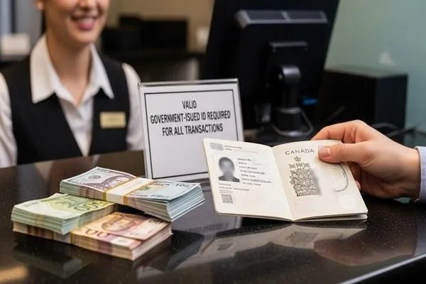 Cliente presenta identificación oficial para un cambio de divisas seguro.