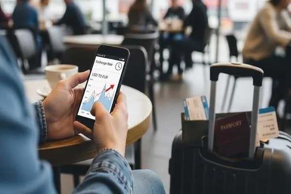 Traveler analyzing currency exchange timing before and after travel