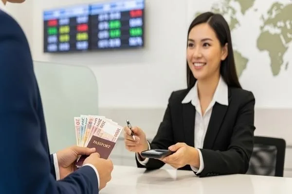 Viajero realizando el cambio de divisas para un gasto de viaje más cómodo.
