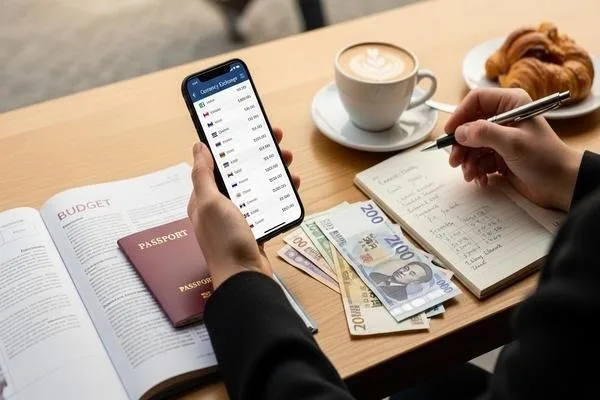 Traveler estimating foreign currency exchange cash needs