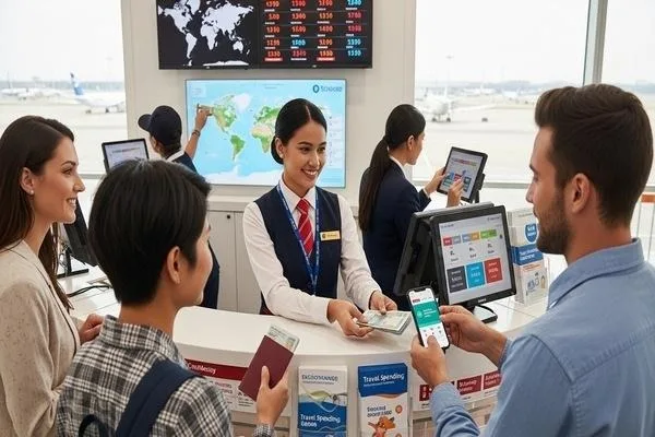 Traveler managing currency exchange timing at airport service counter