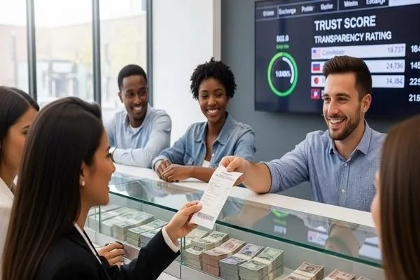 Transparent currency exchange staff providing clear transaction receipt
