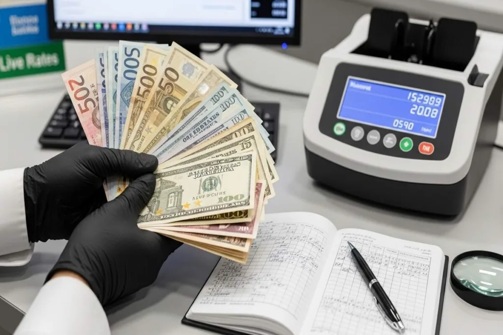 Conteo preciso de divisas con verificación automática.