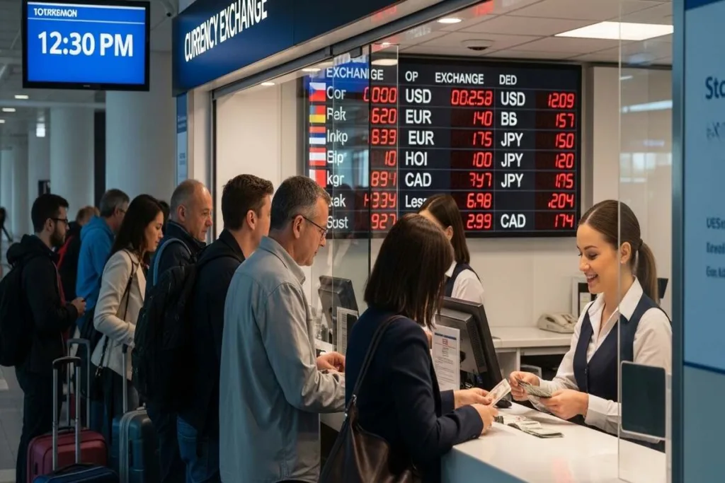 Viajeros ocupados realizando el cambio de divisas durante las horas pico.