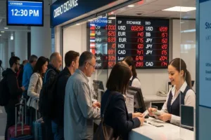 Viajeros ocupados realizando el cambio de divisas durante las horas pico.
