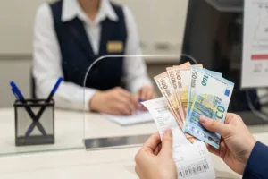 Cliente recibiendo el cambio de divisas y el recibo en el mostrador.