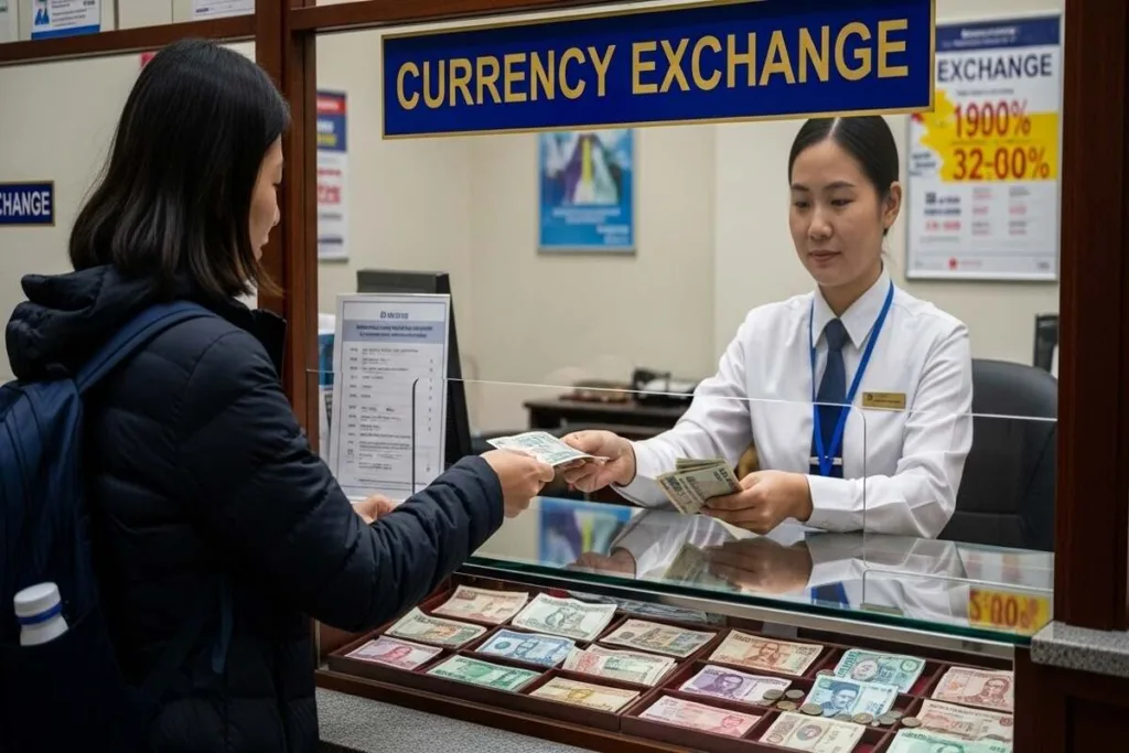 Cliente reservando divisas en la ventanilla de cambio antes de la visita.
