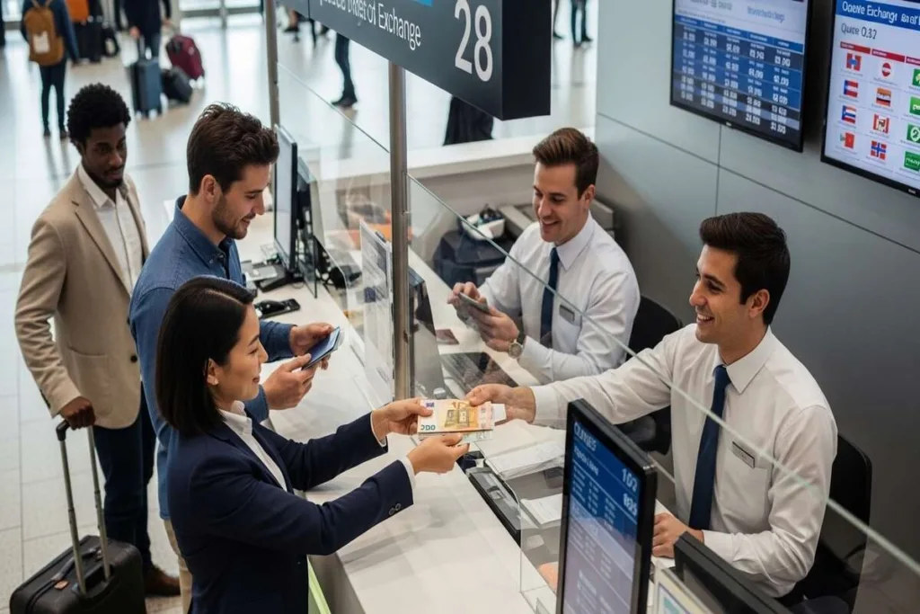 Clientes realizando un cambio de divisas en el mostrador de servicio.