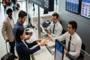 Clientes realizando un cambio de divisas en el mostrador de servicio.