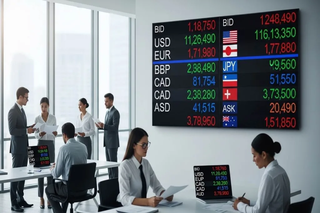Operadores de divisas monitoreando las fluctuaciones en tiempo real de los tipos de cambio