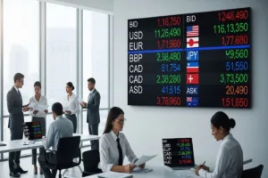 Operadores de divisas monitoreando las fluctuaciones en tiempo real de los tipos de cambio