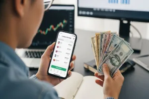 Trabajador independiente que utiliza una aplicación de cambio de divisas para el pago de salarios.