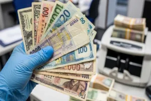 Manejo de billetes antiguos durante el proceso de cambio de divisas.