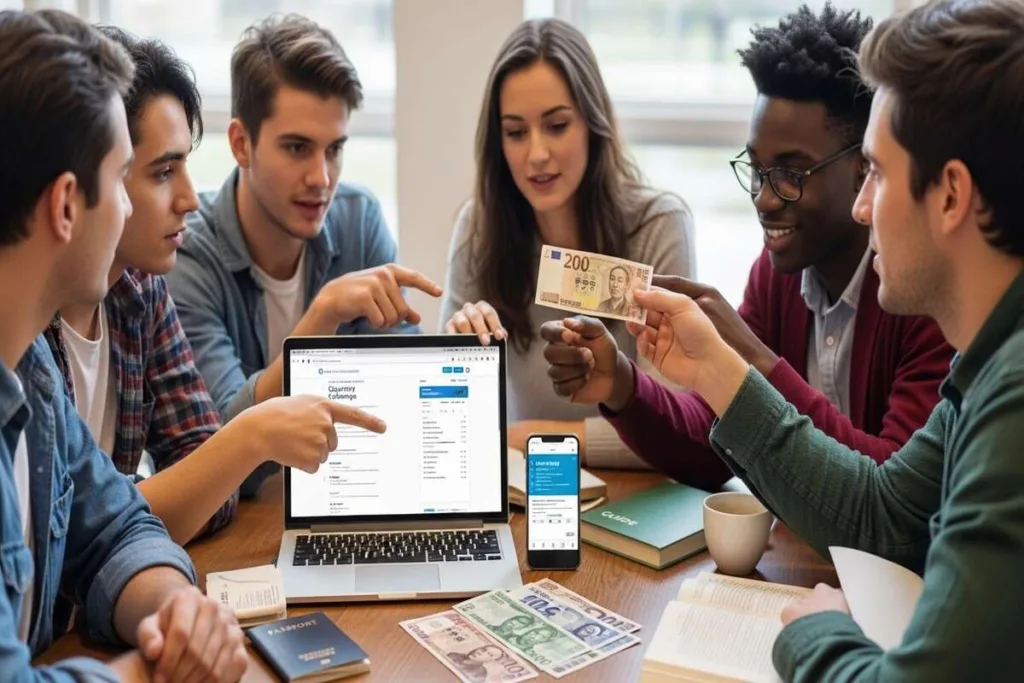 Estudiantes comparando opciones de cambio de divisas para estudiar en el extranjero.