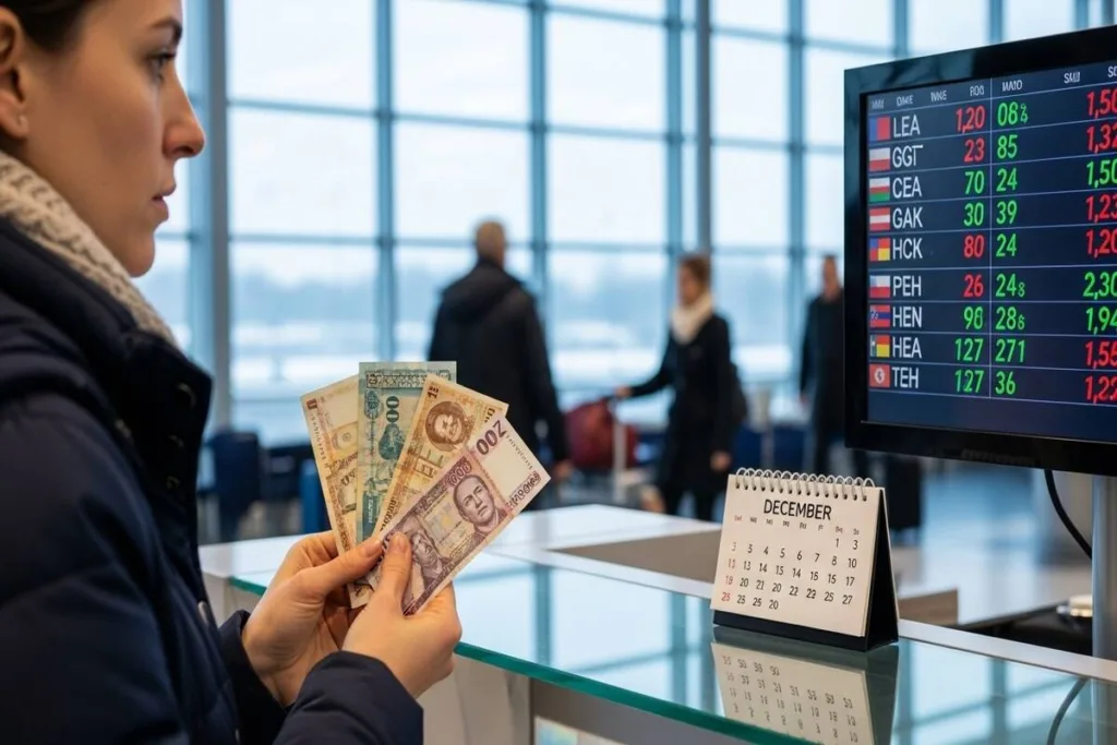 Viajero consultando divisas durante la temporada alta de demanda.