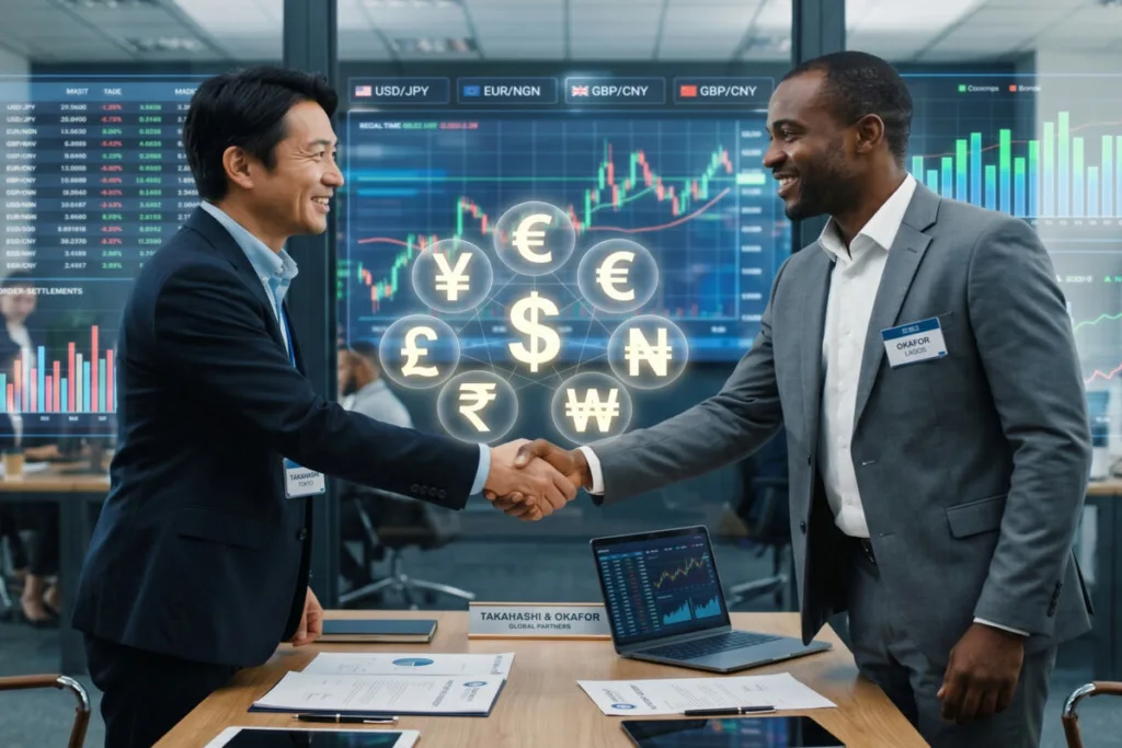 Business partners shaking hands during global Currency Exchange agreement