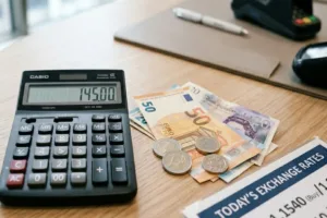 Calculator and euros at Currency Exchange desk
