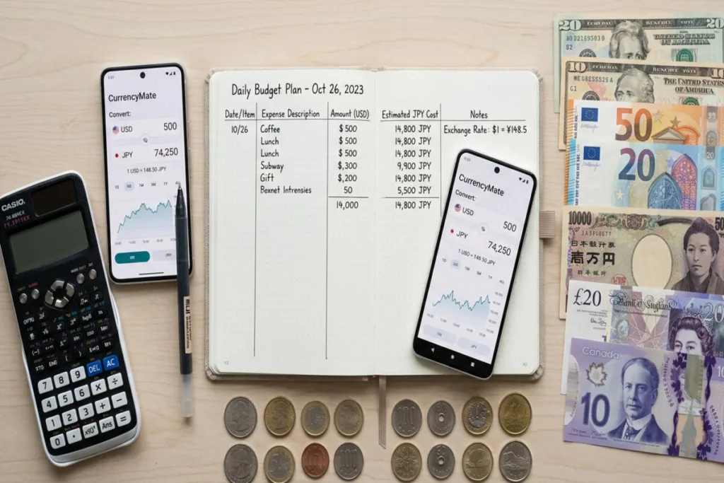 Currency Exchange daily budget planning with global currencies