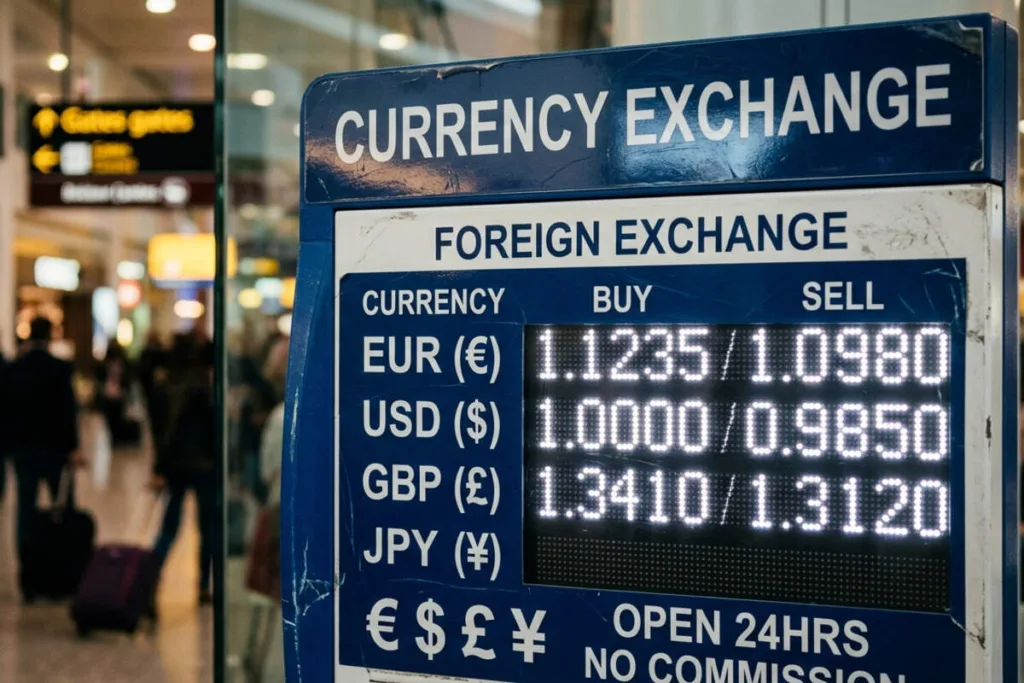 Currency Exchange rate board displaying buy and sell prices