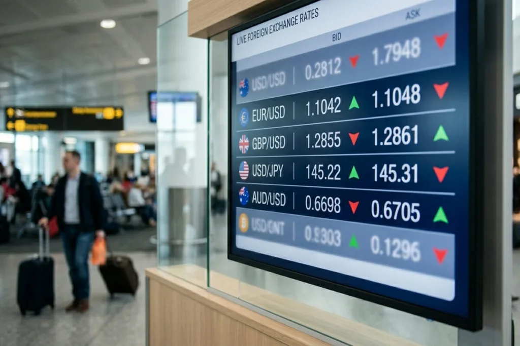 Currency Exchange rate board inside busy international airport terminal
