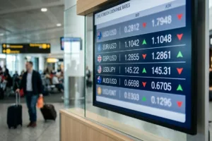 Currency Exchange rate board inside busy international airport terminal
