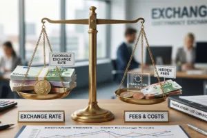Currency Exchange scale comparing exchange rates and transaction costs