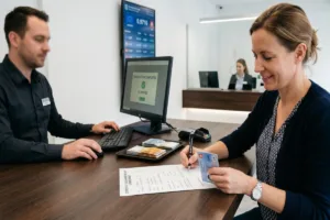 Customer signing receipt at Currency Exchange counter