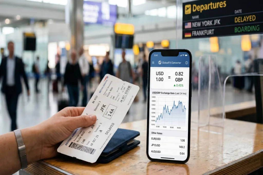 Hand holding ticket while using Currency Exchange mobile app