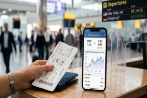 Hand holding ticket while using Currency Exchange mobile app