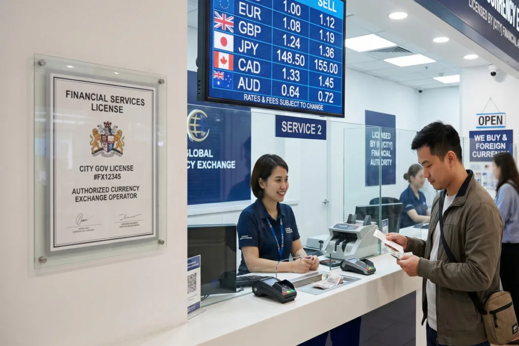 Licensed Currency Exchange office with visible rate board