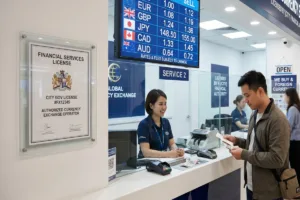 Licensed Currency Exchange office with visible rate board