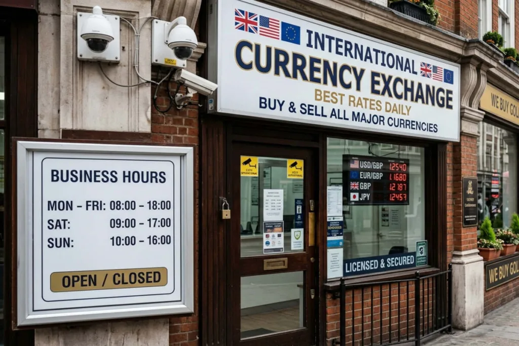 Licensed Currency Exchange shop displaying exchange rates