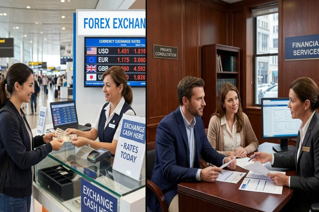 Side comparison of bank consultation and Currency Exchange transaction
